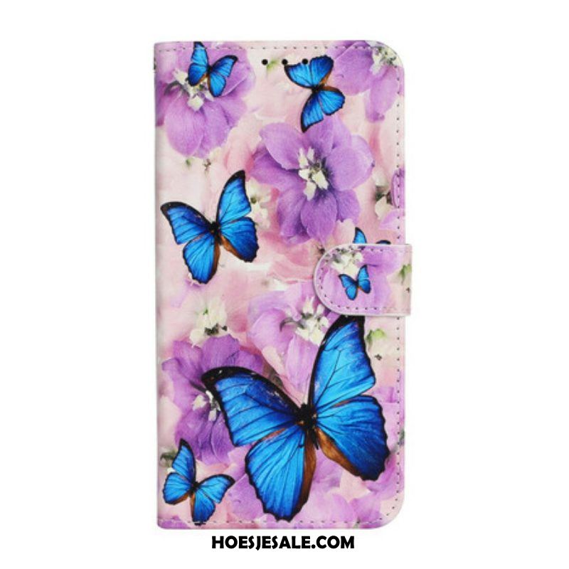 Folio-hoesje voor iPhone 13 Mini Blauwe Vlinders In Bloemen