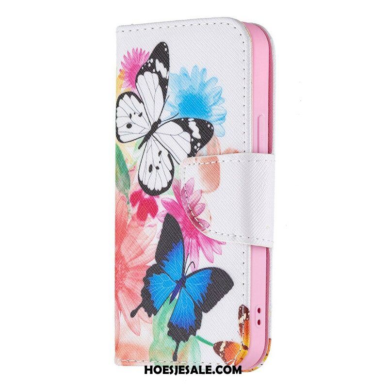 Folio-hoesje voor iPhone 13 Mini Geschilderde Vlinders En Bloemen