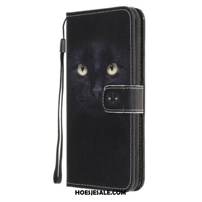 Folio-hoesje voor iPhone 13 Mini Met Ketting Strappy Zwarte Kattenogen