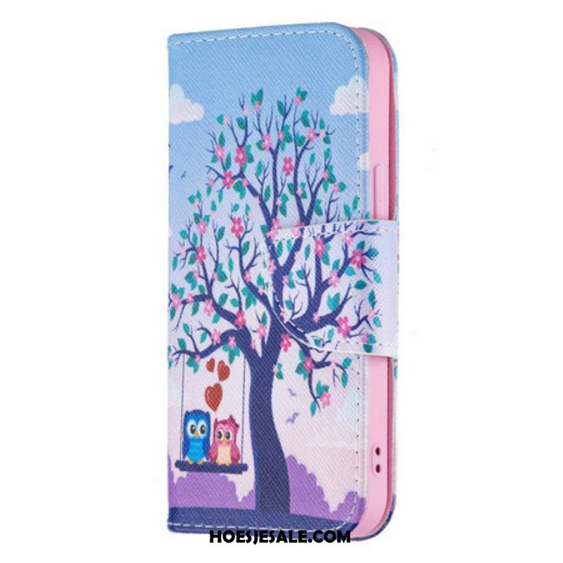 Folio-hoesje voor iPhone 13 Mini Uilen Op De Schommel