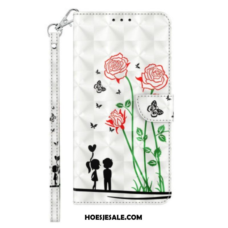 Folio-hoesje voor iPhone 14 Pro Met Ketting Lanyard Liefde Paardebloemen