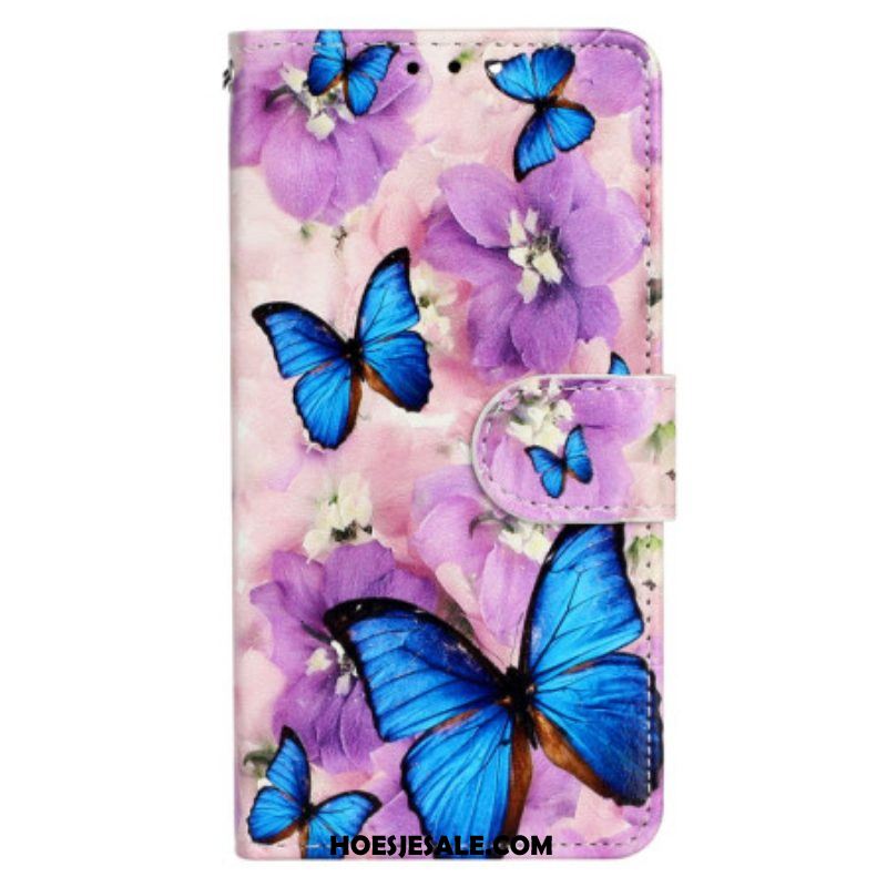 Folio-hoesje voor iPhone 15 Met Ketting Kleine Blauwe Vlinders Met Riempje