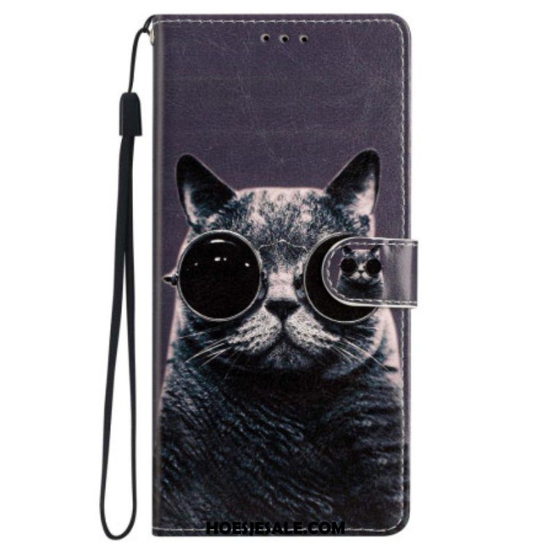 Folio-hoesje voor iPhone 15 Plus Met Ketting Kat Met Riembril