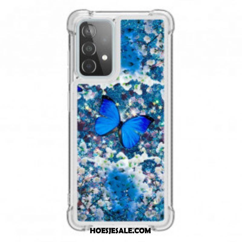 Hoesje voor Samsung Galaxy A52 4G / A52 5G / A52s 5G Glitter Blauwe Vlinders