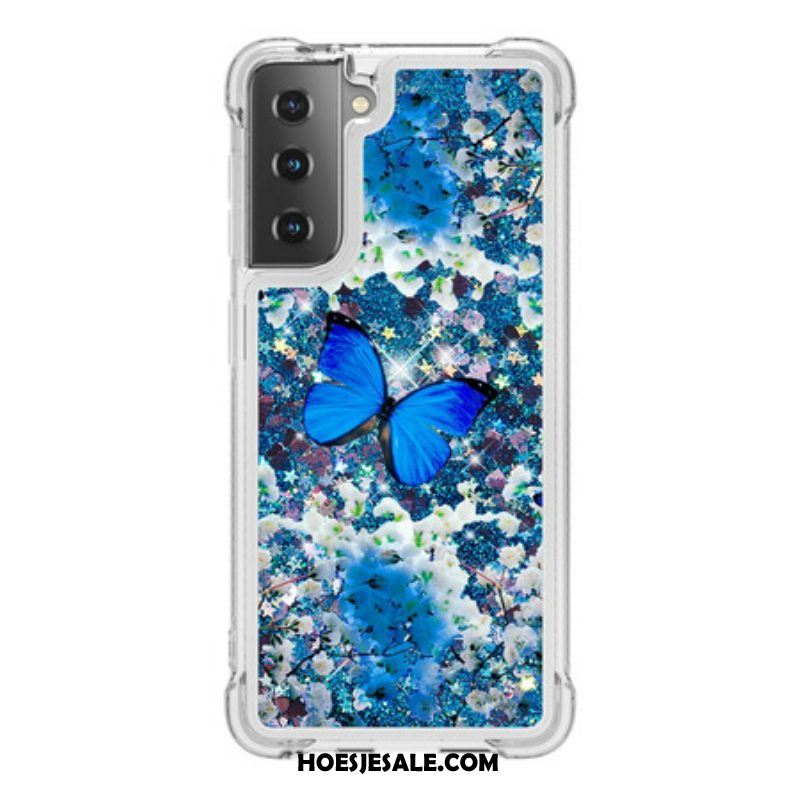 Hoesje voor Samsung Galaxy S21 5G Glitter Blauwe Vlinders