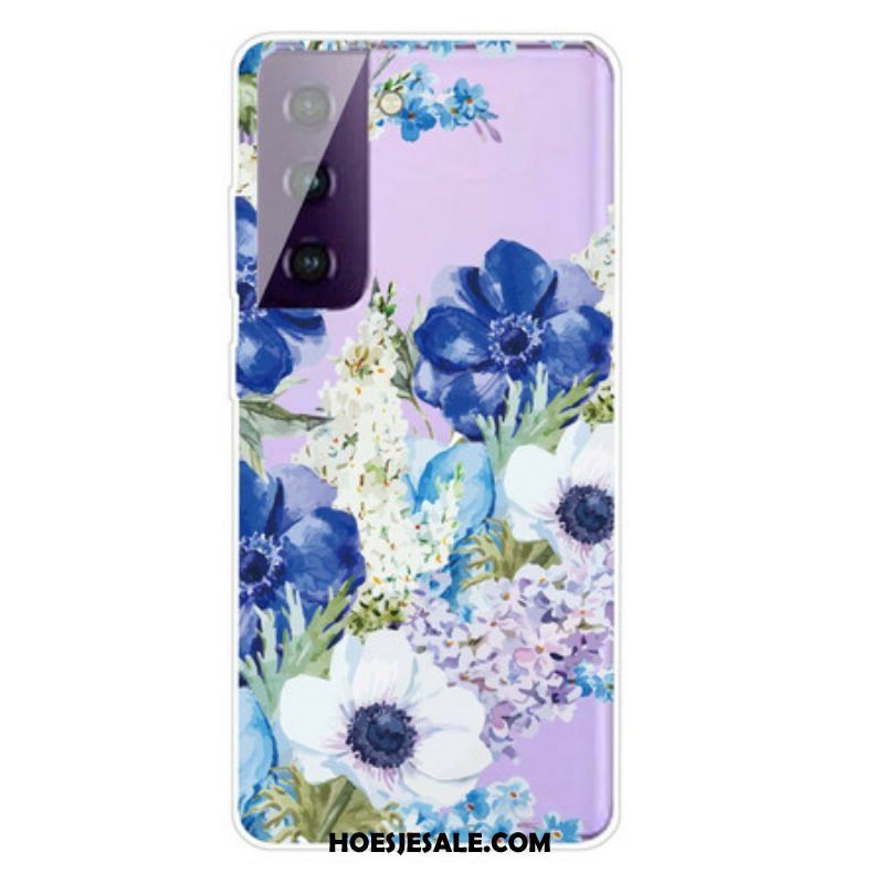 Hoesje voor Samsung Galaxy S21 FE Waterverf Blauwe Bloemen