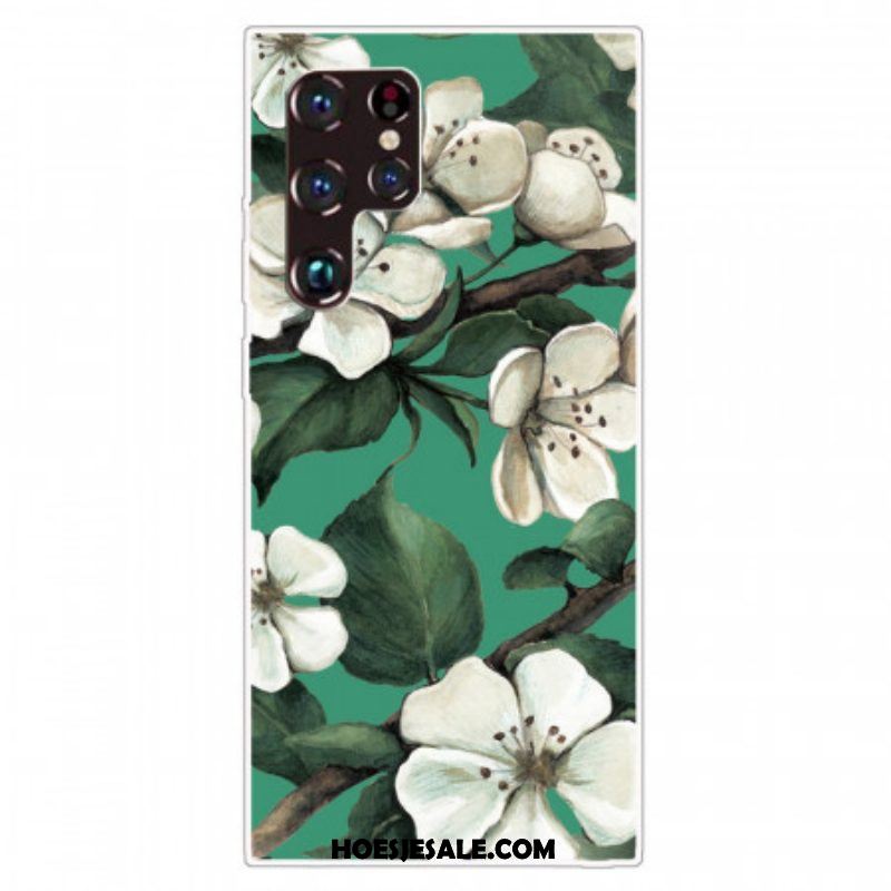 Hoesje voor Samsung Galaxy S22 Ultra 5G Geschilderde Witte Bloemen