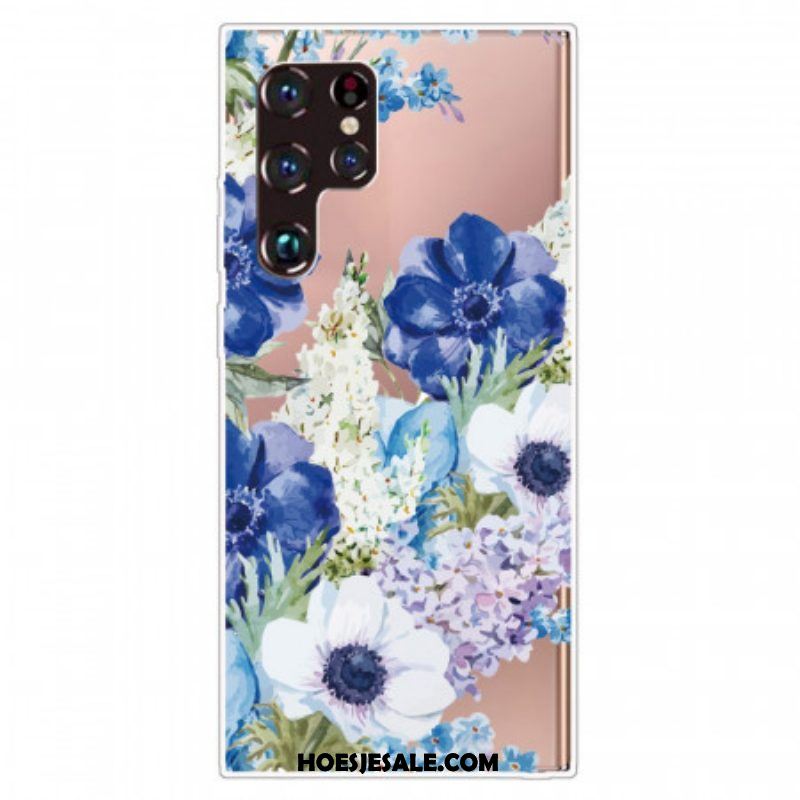 Hoesje voor Samsung Galaxy S22 Ultra 5G Waterverf Blauwe Bloemen