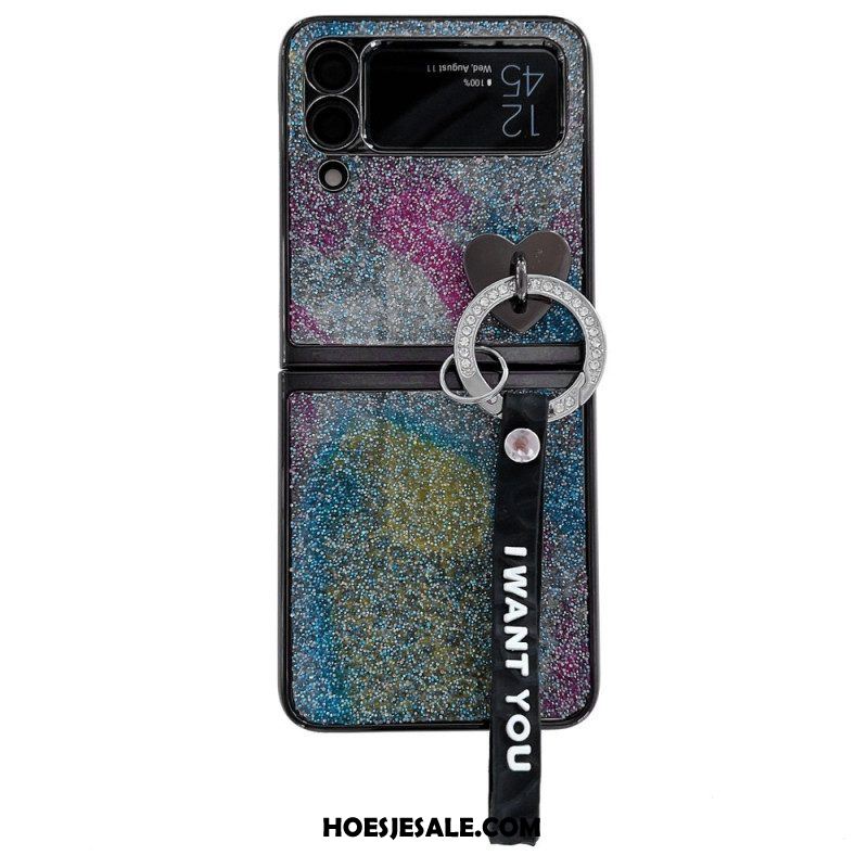 Hoesje voor Samsung Galaxy Z Flip 3 5G Folio-hoesje Pailletten Bedels En Lanyard