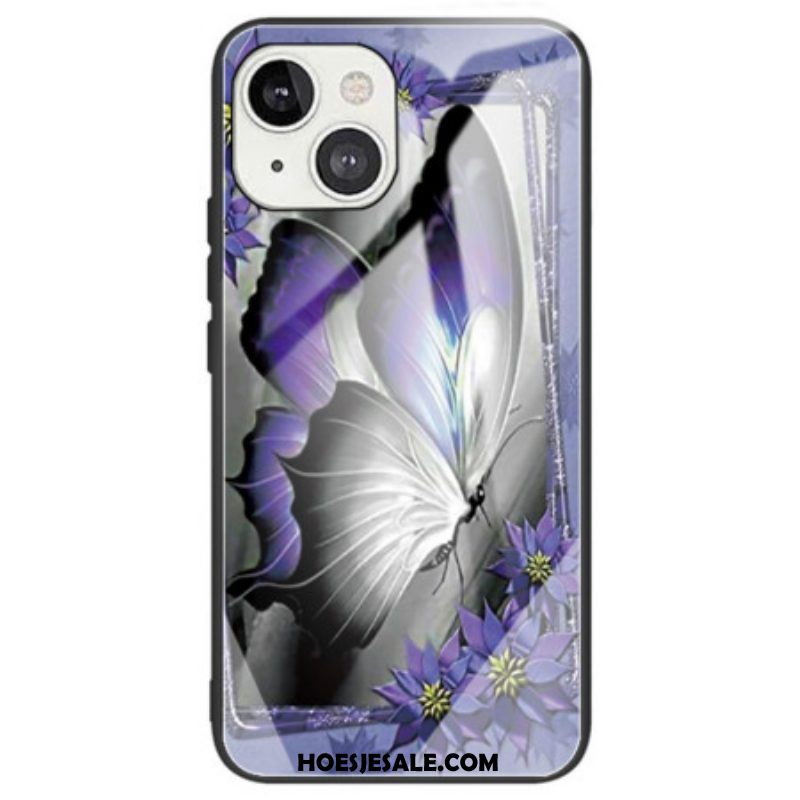 Hoesje voor iPhone 14 Paars Vlinder Gehard Glas