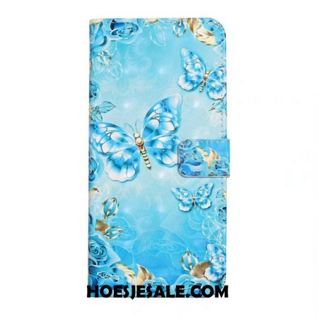 Leren Hoesje Oneplus Nord 4 3d-blauwe Vlinders Bescherming Hoesje