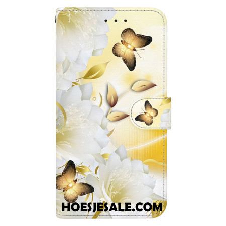 Leren Hoesje Oneplus Nord 4 Gouden Vlinders En Kantbloemen Bescherming Hoesje