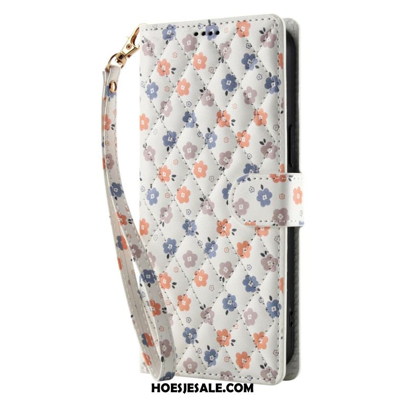 Leren Hoesje Samsung Galaxy S26 Portemonnee Met Bloemenprint En Draagkoord