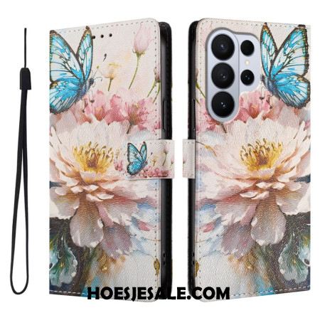 Leren Hoesje Samsung Galaxy S26 Ultra Pioenroos En Vlinder Bescherming Hoesje