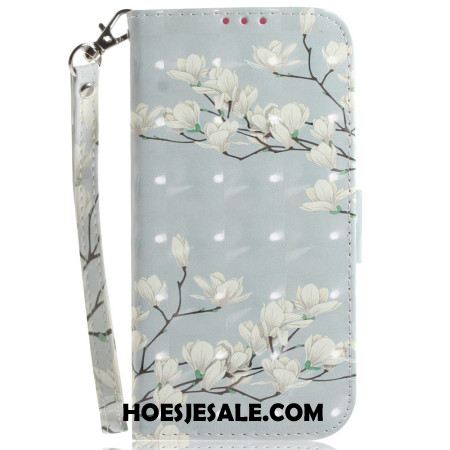 Leren Hoesje Sony Xperia 10 Vii Witte Magnolia's Met Bandjes Op De Hak