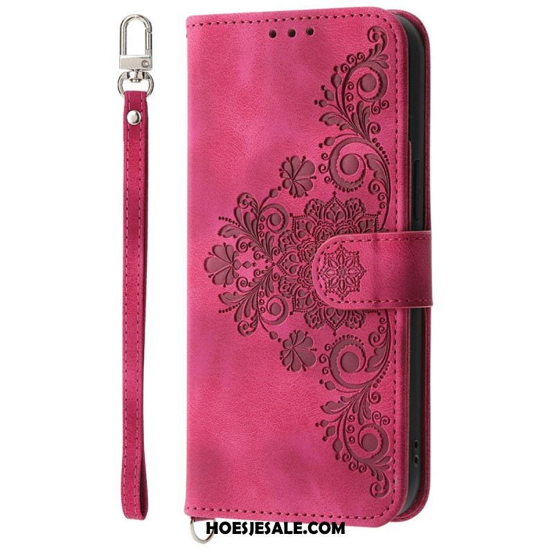 Leren Hoesje Voor Xiaomi 15 Pro Suède-effect Bloemenpatroon Met Bandje En Schouderriem