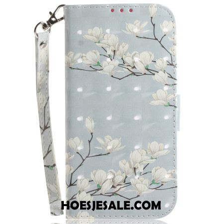 Leren Hoesje Voor Xiaomi 15 Sleutelkoord Met Magnoliapatroon