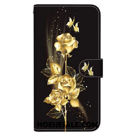 Leren Hoesje Voor Xiaomi Redmi Note 14 5g Gouden Vlinders En Roos