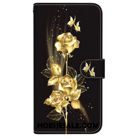 Leren Hoesje Voor Xiaomi Redmi Note 15 Pro 5g Gouden Vlinder En Rozen
