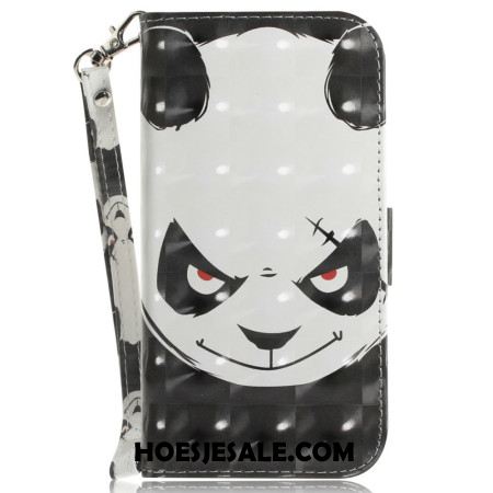 Leren Hoesje Xiaomi Redmi Note 14 4g Boze Panda Met Riempje Bescherming Hoesje
