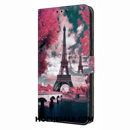 Leren Hoesje Xiaomi Redmi Note 14 4g Eiffeltoren Met Bloemen Bescherming Hoesje