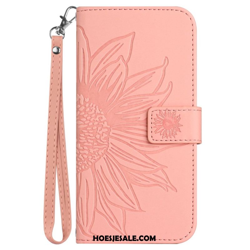 Leren Hoesje Xiaomi Redmi Note 14 4g Zonnebloemprint Met Koord Bescherming Hoesje