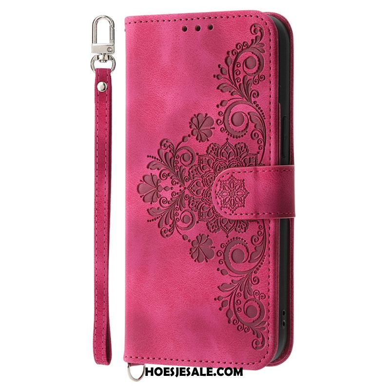 Leren Hoesje Xiaomi Redmi Note 14 5g Portemonnee Met Kantpatroon Riempje En Schouderriem Bescherming Hoesje