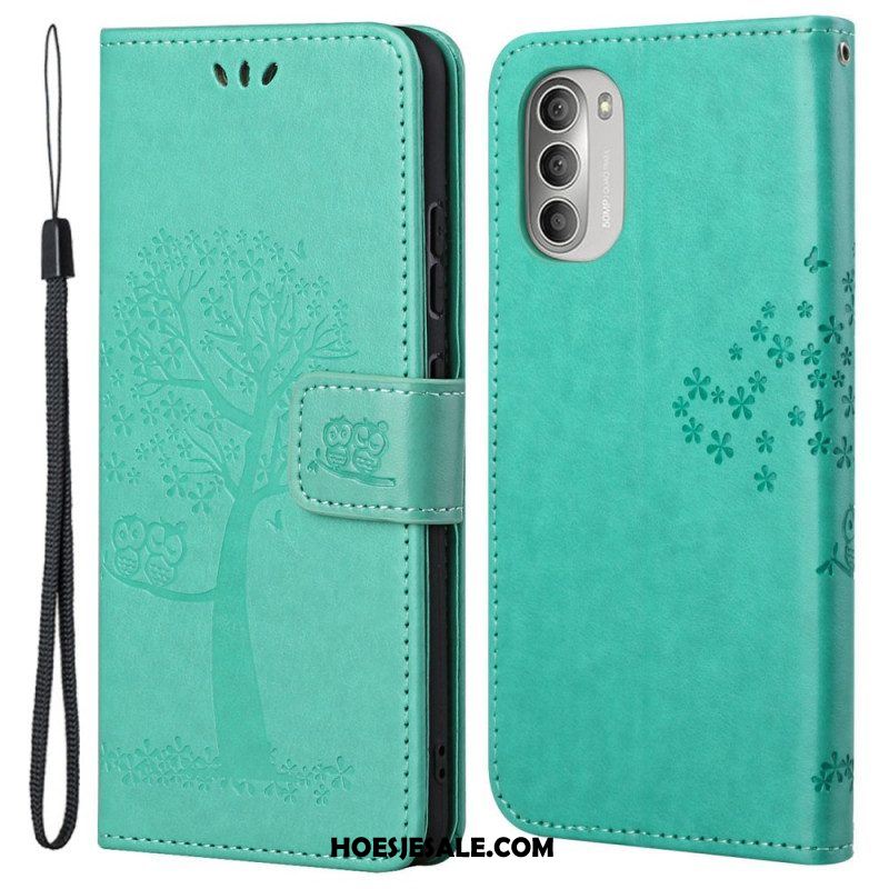 Leren Hoesje voor Moto G51 5G Met Ketting String Boom En Uilen