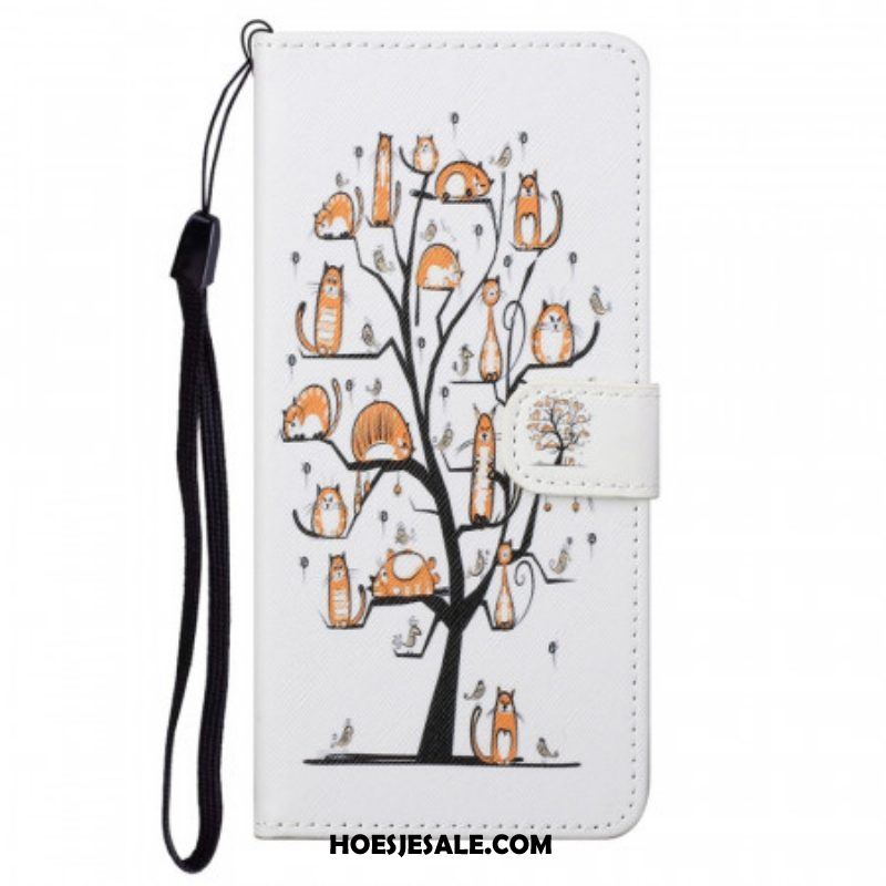 Leren Hoesje voor Moto G71 5G Met Ketting Funky Cats Met Riem