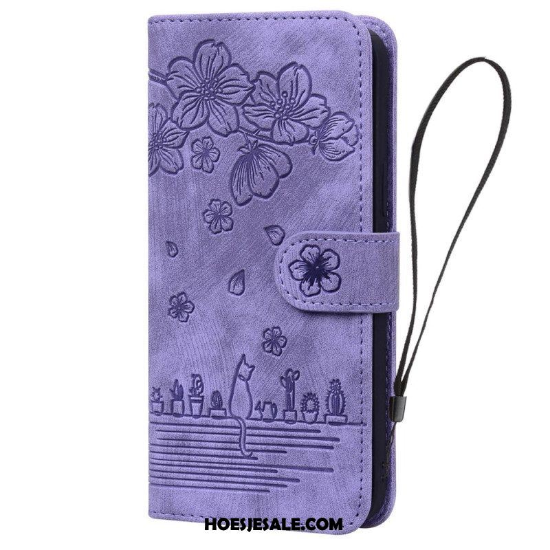 Leren Hoesje voor Samsung Galaxy A14 / A14 5G Met Ketting Bloemen String Kat