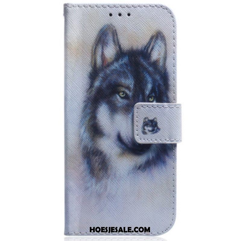 Leren Hoesje voor Samsung Galaxy A54 5G Met Ketting Strappy Aquarel Wolf