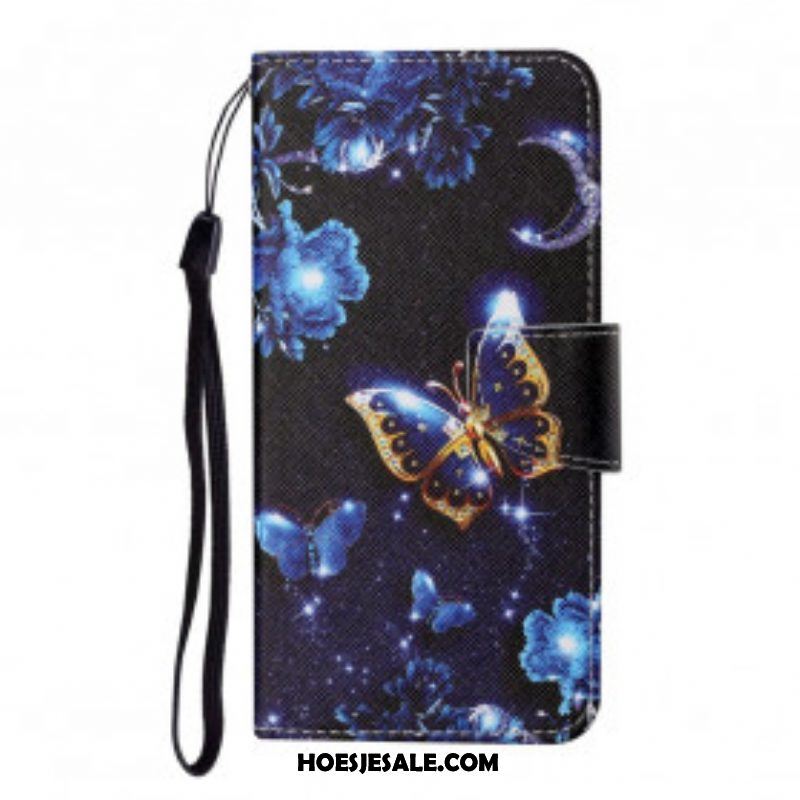 Leren Hoesje voor Samsung Galaxy M12 / A12 Met Ketting Kostbare Stringvlinders