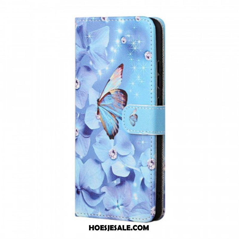 Leren Hoesje voor Samsung Galaxy M23 5G Met Ketting Strappy Diamanten Vlinders