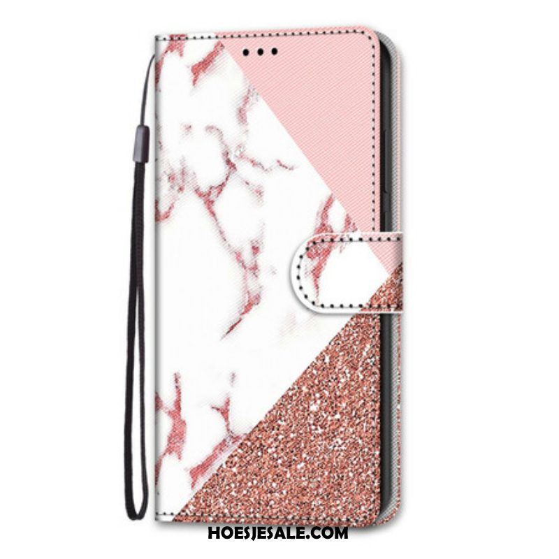 Leren Hoesje voor Samsung Galaxy S21 5G Marmer En Glitterdriehoek