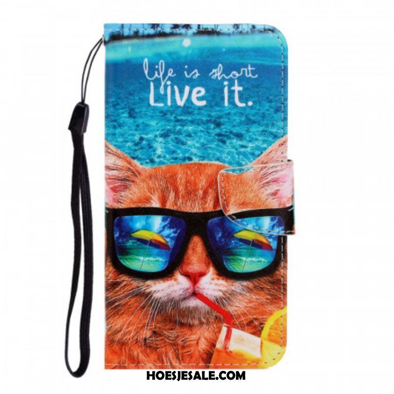 Leren Hoesje voor Samsung Galaxy S22 Ultra 5G Met Ketting Kat Live It Strappy