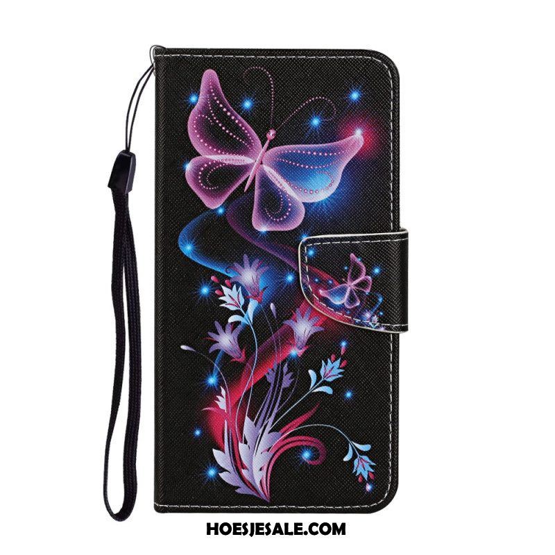 Leren Hoesje voor Samsung Galaxy S22 Ultra 5G Vlinders En Lanyard