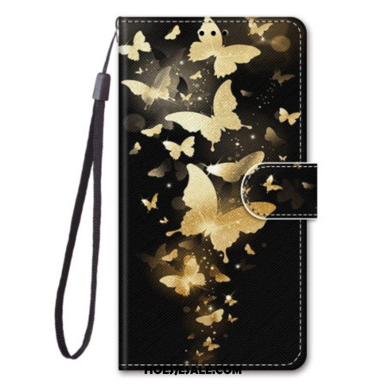 Leren Hoesje voor Xiaomi 12 / 12X Met Ketting Gouden Vlinders Met Riem