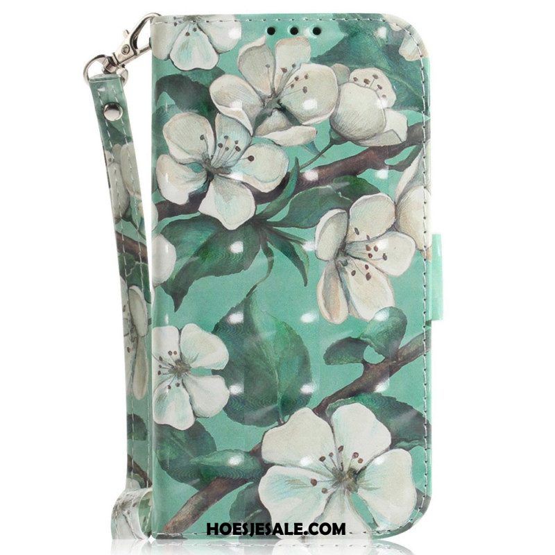 Leren Hoesje voor Xiaomi 12 / 12X Met Ketting Witte Bloemen Met Bandjes