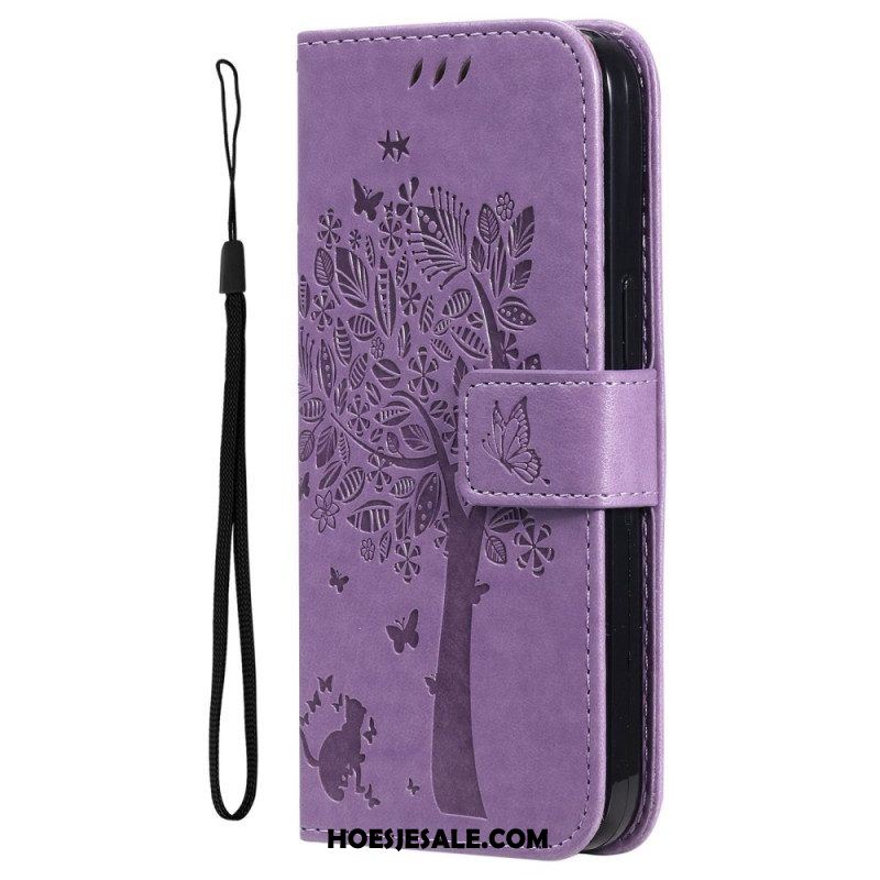 Leren Hoesje voor Xiaomi 12T / 12T Pro Met Ketting Kat Onder De String Tree