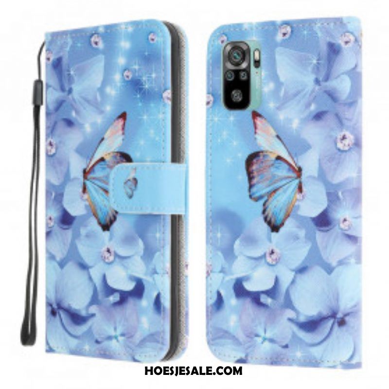 Leren Hoesje voor Xiaomi Redmi Note 10 / 10S Met Ketting Strappy Diamanten Vlinders