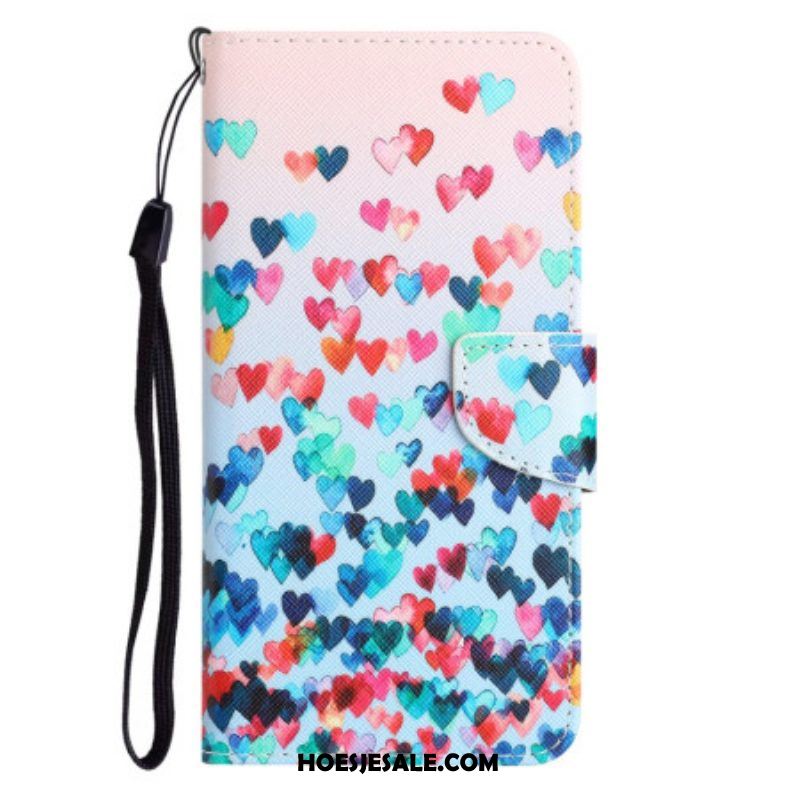 Leren Hoesje voor iPhone 15 Met Ketting Hartenregen Met Riem