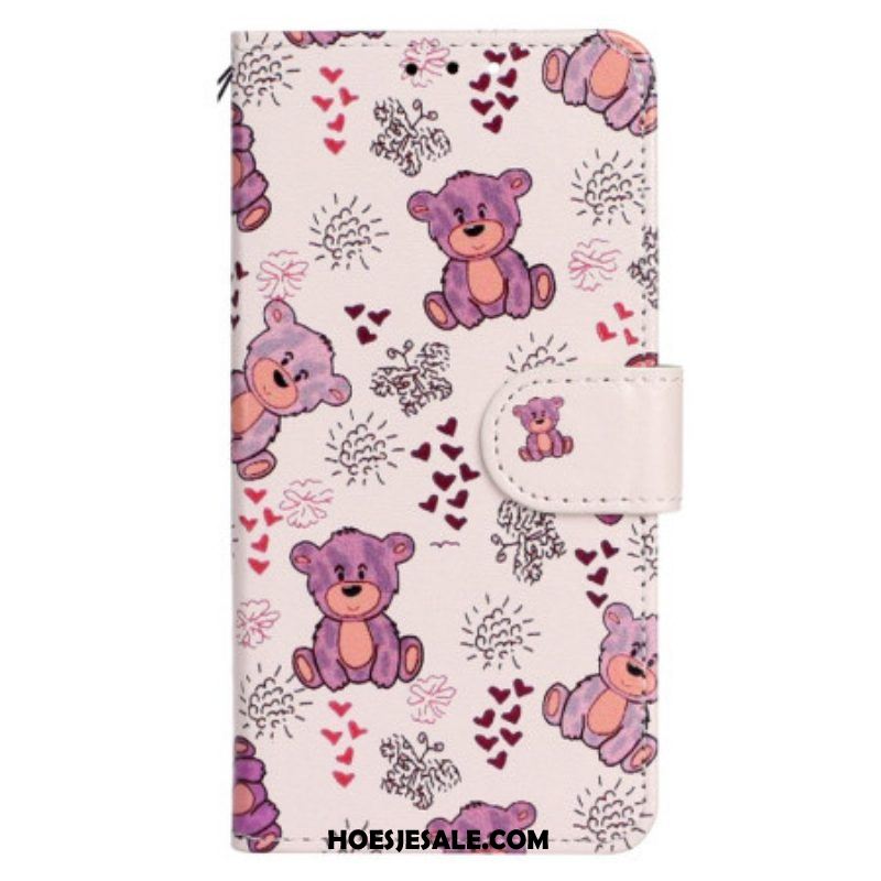 Leren Hoesje voor iPhone 15 Met Ketting Kleine Teddyberen Met Riem