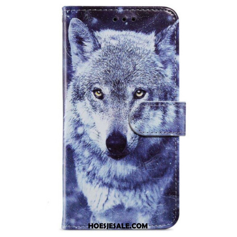 Leren Hoesje voor iPhone 15 Met Ketting Witte Wolf Met Riem