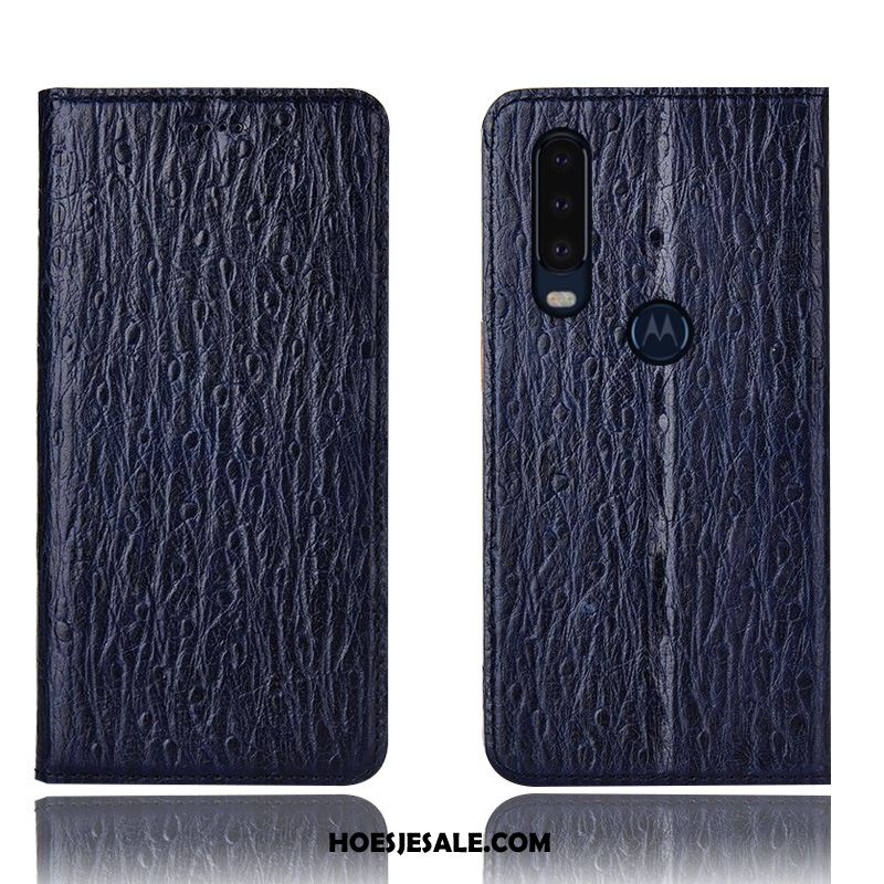 Motorola One Action Hoesje Anti-fall Donkerblauw Folio Echt Leer Hoes Online