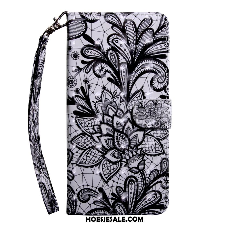 Nokia 3.2 Hoesje Folio Leren Etui Zwart Bloemen Bescherming Korting