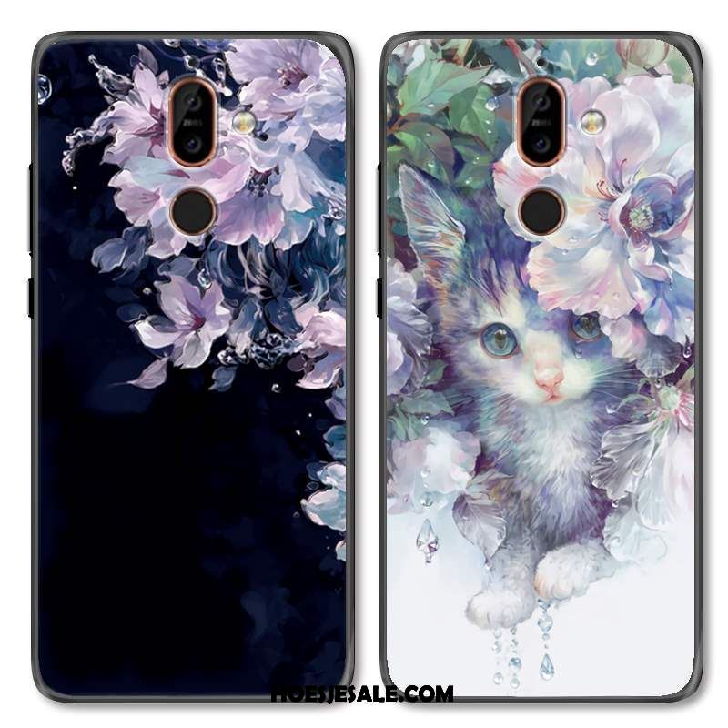 Nokia 7 Plus Hoesje Kat Luxe Blauw Bloemen Anti-fall Sale