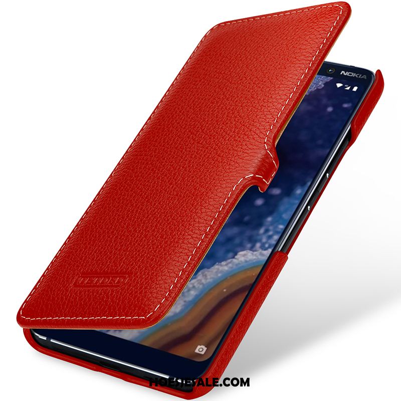 Nokia 9 Pureview Hoesje Anti-fall Echt Leer Rood Bescherming Folio Goedkoop