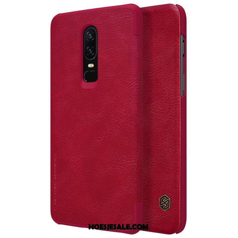 Oneplus 6 Hoesje Leren Etui Echt Leer Goud Rood Hoes Goedkoop