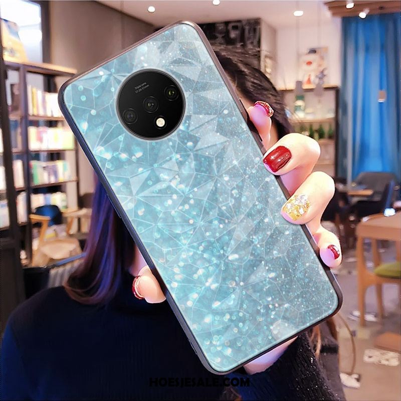 Oneplus 7t Hoesje Hoes Blauw Hart Ruit Mobiele Telefoon Goedkoop