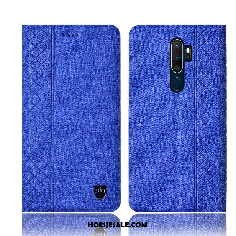 Oppo A9 2020 Hoesje Blauw Katoen En Linnen Bescherming Geruite Hoes Goedkoop